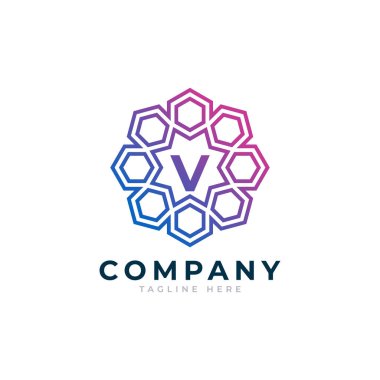 V Harfi Altıgen Şekli Logo Tasarım Şablonu Elemanı