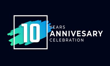 10 Year Anniversary Celebration with Blue Brush and Square Symbol. Happy Anniversary Greeting Celebrates Event Isolated on Black Background clipart