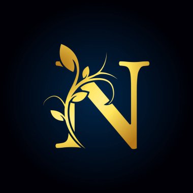 Elegant N Luxury Logo. Golden Floral Alphabet Logo with Flowers Leaves. Perfect for Fashion, Jewelry, Beauty Salon, Cosmetics, Spa, Boutique, Wedding, Letter Stamp, Hotel and Restaurant Logo.