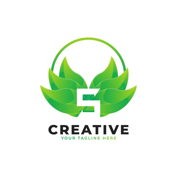 Přírodní Zelené Listové Písmeno Logo Kroužkem Logo Monogramu Ikona Zelené — Stockový vektor