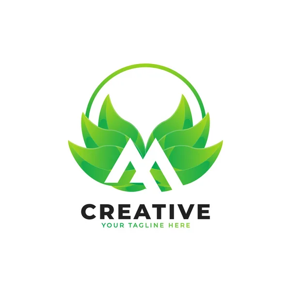 Doğa Yeşil Yaprak Çemberli Logosu Monogram Logosu Yeşil Yaprak Alfabe — Stok Vektör