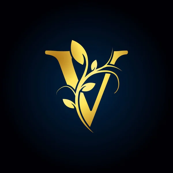 エレガントなV高級ロゴ 花の葉と黄金の花のアルファベットのロゴ ファッション ジュエリー 美容室 化粧品 ブティック 結婚式 レタースタンプ ホテル — ストックベクタ