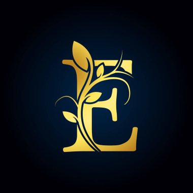 Elegant E Luxury Logo. Golden Floral Alphabet Logo with Flowers Leaves. Perfect for Fashion, Jewelry, Beauty Salon, Cosmetics, Spa, Boutique, Wedding, Letter Stamp, Hotel and Restaurant Logo.