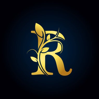 Elegant R Luxury Logo. Golden Floral Alphabet Logo with Flowers Leaves. Perfect for Fashion, Jewelry, Beauty Salon, Cosmetics, Spa, Boutique, Wedding, Letter Stamp, Hotel and Restaurant Logo.