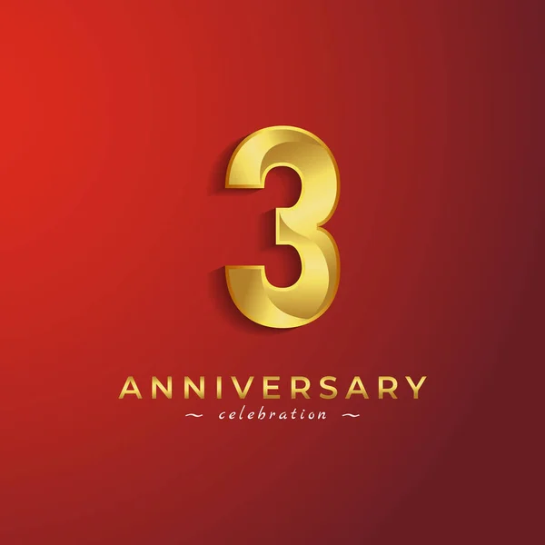 赤を基調としたイベント 結婚式 グリーティングカード 招待カードのためのゴールデンシャイニーカラーで3周年記念セレブレーション — ストックベクタ