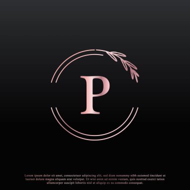 Zarif P Harf Çemberi Çiçek Logosu Yaratıcı Zarif Yaprak Monogramı ve Pembe Siyah Renkli. İş, Moda, Kozmetik, Spa, Bilim, Tıp ve Doğa Logoları İçin Kullanılabilir.
