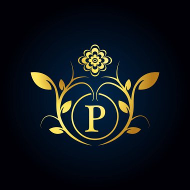 Elegant P Luxury Logo. Golden Floral Alphabet Logo with Flowers Leaves. Perfect for Fashion, Jewelry, Beauty Salon, Cosmetics, Spa, Boutique, Wedding, Letter Stamp, Hotel and Restaurant Logo.