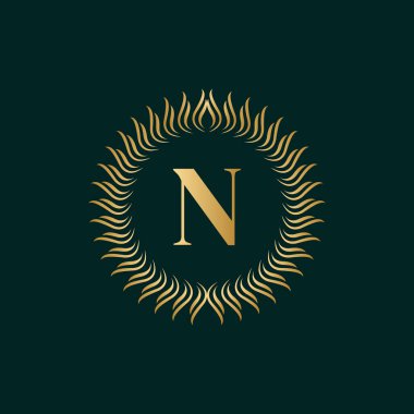 Amblem Harf N Dokuma Çemberi Monogram Zarif Şablonu. Luxury Crest, Royalty, Business Card, Butik, Hotel, Heraldic için Basit Logo Tasarımı. Kaligrafik Vintage Sınırı. Vektör İllüzyonu