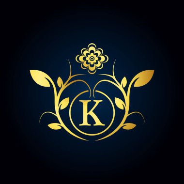 Elegant K Luxury Logo. Golden Floral Alphabet Logo with Flowers Leaves. Perfect for Fashion, Jewelry, Beauty Salon, Cosmetics, Spa, Boutique, Wedding, Letter Stamp, Hotel and Restaurant Logo.