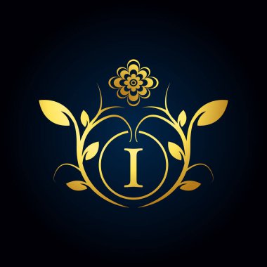 Elegant I Luxury Logo. Golden Floral Alphabet Logo with Flowers Leaves. Perfect for Fashion, Jewelry, Beauty Salon, Cosmetics, Spa, Boutique, Wedding, Letter Stamp, Hotel and Restaurant Logo.