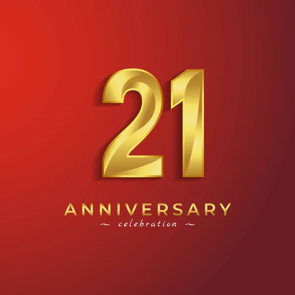 赤い背景に隔離されたお祝いイベント 結婚式 グリーティングカード 招待カードのための金色の光沢のある色を持つ21周年記念式典 — ストックベクタ