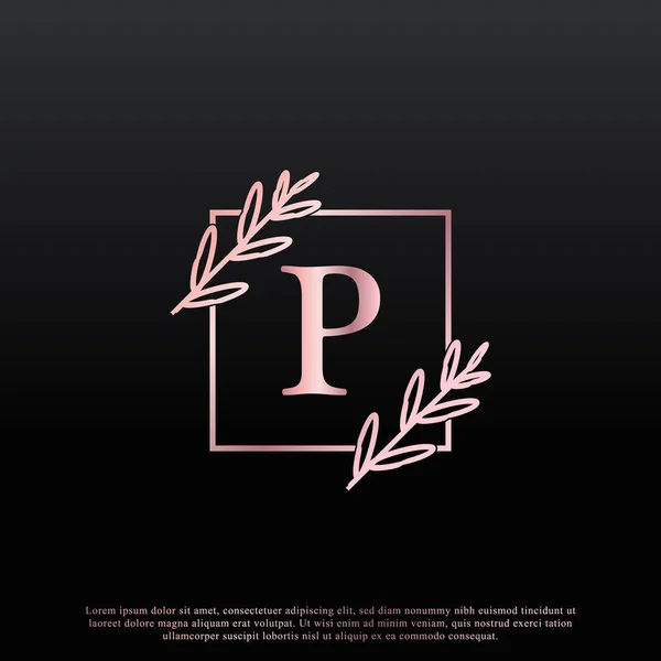 雅致的P字正方形花卉标志与创意雅致的叶形图分枝线和粉红黑色 适用于商务 化妆品 医疗及自然标志等行业 — 图库矢量图片