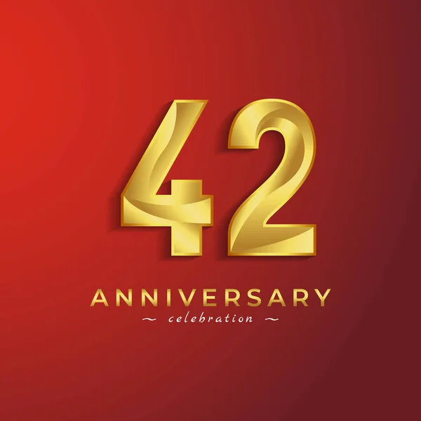 赤い背景に隔離されたお祝いイベント 結婚式 グリーティングカード 招待カードのための黄金の光沢のある色を持つ42周年記念式典 — ストックベクタ