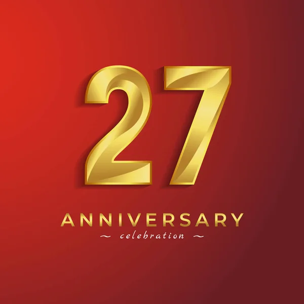 赤い背景に隔離されたお祝いイベント 結婚式 グリーティングカード 招待カードのための黄金の光沢のある色を持つ27周年記念式典 — ストックベクタ