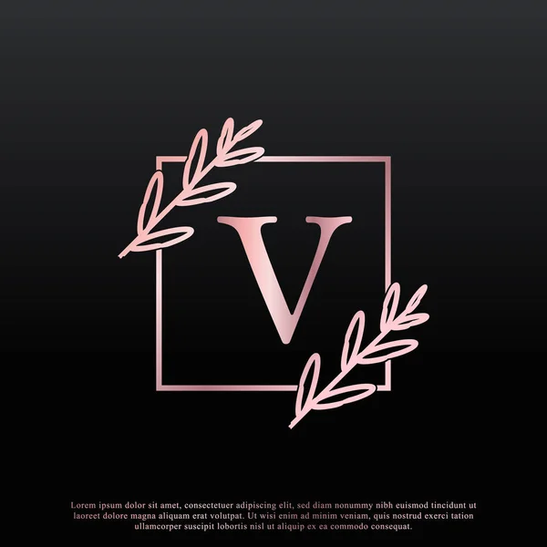 エレガントなVレタースクエア花のロゴで創造的なエレガントな葉のモノグラム支店ラインとピンクブラックカラー ビジネス ファッション 化粧品 自然ロゴに使用できます — ストックベクタ