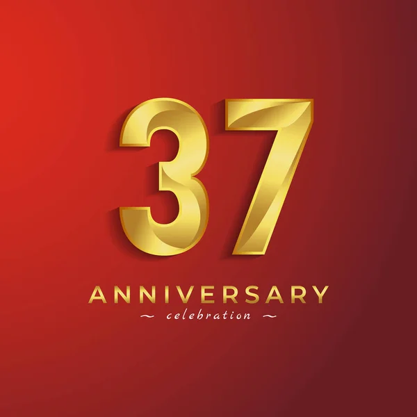 赤い背景に隔離されたお祝いイベント 結婚式 グリーティングカード 招待カードのための黄金の光沢のある色を持つ37周年記念式典 — ストックベクタ