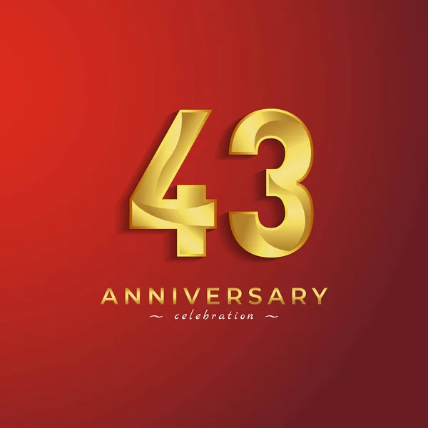 赤い背景に隔離されたお祝いイベント 結婚式 グリーティングカード 招待カードのための黄金の光沢のある色を持つ43周年記念式典 — ストックベクタ