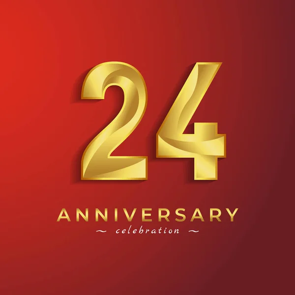 赤い背景に隔離されたお祝いイベント 結婚式 グリーティングカード 招待カードのための金色の光沢のある色を持つ24周年記念式典 — ストックベクタ