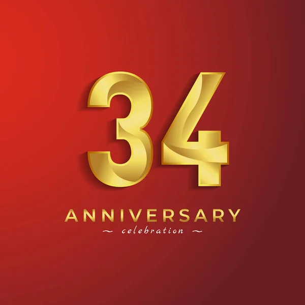 赤を基調としたイベント 結婚式 グリーティングカード 招待カードのためのゴールデンシャイニーカラーで34周年記念セレブレーション — ストックベクタ