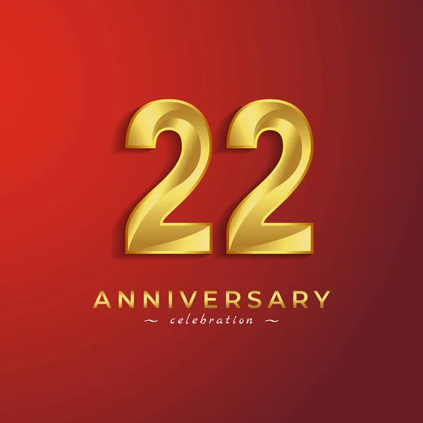 赤い背景に隔離されたお祝いイベント 結婚式 グリーティングカード 招待カードのための黄金の光沢のある色を持つ22周年記念式典 — ストックベクタ