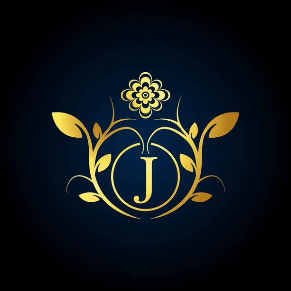 エレガントなJラグジュアリーロゴ 花の葉と黄金の花のアルファベットのロゴ ファッション ジュエリー 美容室 化粧品 ブティック 結婚式 レタースタンプ ホテル — ストックベクタ