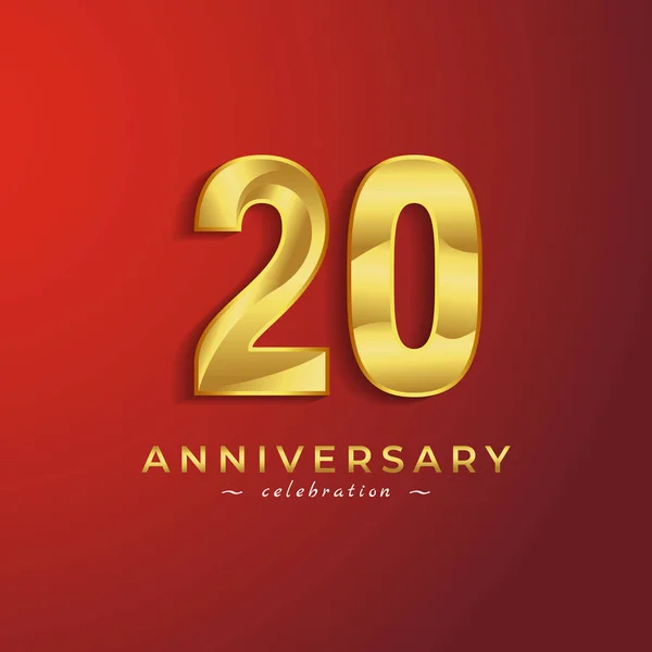 赤い背景に隔離されたお祝いイベント 結婚式 グリーティングカード 招待カードのための黄金の光沢のある色を持つ20周年記念式典 — ストックベクタ