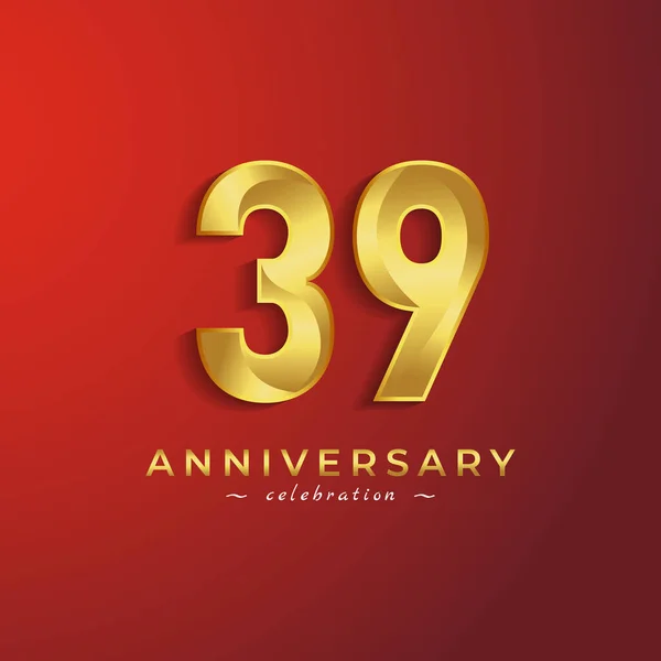 赤い背景に隔離されたお祝いイベント 結婚式 グリーティングカード 招待カードのための黄金の光沢のある色を持つ39周年記念式典 — ストックベクタ