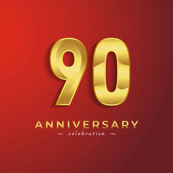 お祝い事 結婚式 グリーティングカード 招待状のための金色の光沢のある色を持つ90周年記念のお祝い赤い背景に隔離されたカード — ストックベクタ