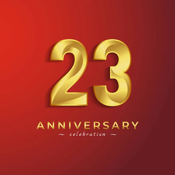 お祝い事 結婚式 グリーティングカード 招待状のための黄金の光沢のある色を持つ23年の記念日のお祝い赤い背景に隔離されたカード — ストックベクタ