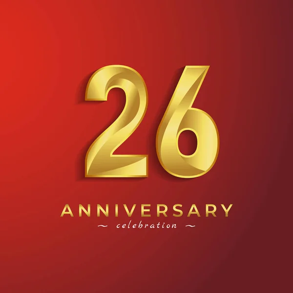 赤い背景に隔離されたお祝いイベント 結婚式 グリーティングカード 招待カードのための黄金の光沢のある色を持つ26周年記念式典 — ストックベクタ