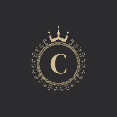 Crown ve Laurel Çelenk ile C harfleri Heraldik Kraliyet Çerçevesi. Basit Klasik Amblem. Yuvarlak Kompozisyon. Grafik stili. Logo Tasarım Vektörü İllüstrasyonu için Sanat Elementleri