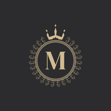 Crown ve Laurel Çelenkli M harfli Heraldik Kraliyet Çerçevesi. Basit Klasik Amblem. Yuvarlak Kompozisyon. Grafik stili. Logo Tasarım Vektörü İllüstrasyonu için Sanat Elementleri