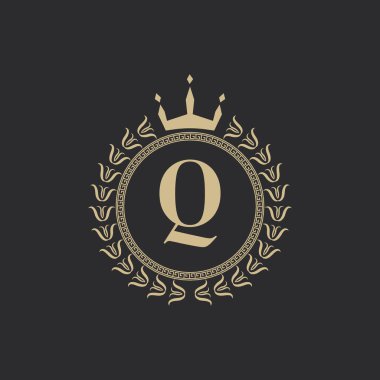 Crown ve Laurel Çelenkli Q harfli Kraliyet Çerçevesi. Basit Klasik Amblem. Yuvarlak Kompozisyon. Grafik stili. Logo Tasarım Vektörü İllüstrasyonu için Sanat Elementleri