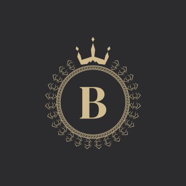 Crown ve Laurel Çelenkli Baş harfleri B Heraldik Kraliyet Çerçevesi. Basit Klasik Amblem. Yuvarlak Kompozisyon. Grafik stili. Logo Tasarım Vektörü İllüstrasyonu için Sanat Elementleri