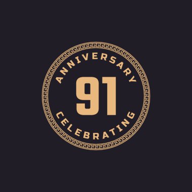 Vintage Retro 91 Year Anniversary Celebration with Circle Border Pattern Emblem. Happy Anniversary Greeting Celebrates Event Isolated on Black Background clipart