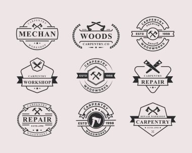 Antika Retro Rozet Çalışma Aletleri, Marangozluk, Atölye Etiketleri, Logo Tasarım Elementleri