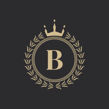 Crown ve Laurel Çelenkli Baş harfleri B Heraldik Kraliyet Çerçevesi. Basit Klasik Amblem. Yuvarlak Kompozisyon. Grafik stili. Logo Tasarım Vektörü İllüstrasyonu için Sanat Elementleri