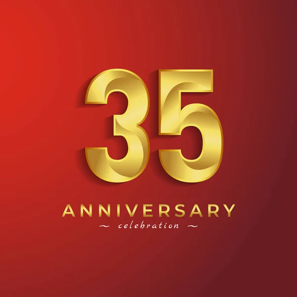 赤い背景に隔離されたお祝いイベント 結婚式 グリーティングカード 招待カードのための黄金の光沢のある色で35周年記念式典 — ストックベクタ