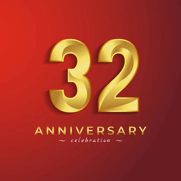 赤い背景に隔離されたお祝いイベント 結婚式 グリーティングカード 招待カードのための黄金の光沢のある色を持つ32周年記念式典 — ストックベクタ