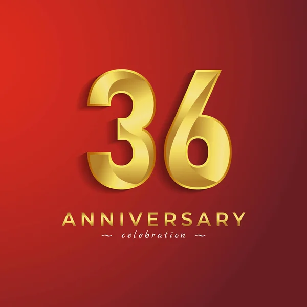 赤い背景に隔離されたお祝いイベント 結婚式 グリーティングカード 招待カードのための黄金の光沢のある色を持つ36周年記念式典 — ストックベクタ