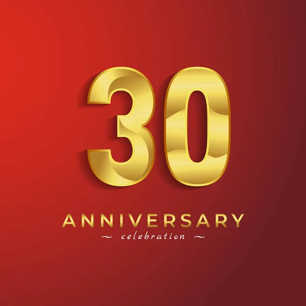 お祝い事 結婚式 グリーティングカード 招待状のための黄金の光沢のある色を持つ30周年記念式典赤の背景に隔離されたカード — ストックベクタ