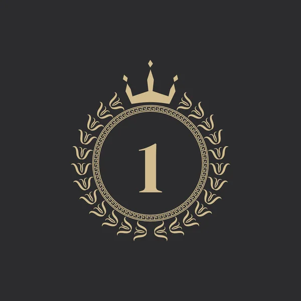 第1位王冠とローレル リースの紋章のロイヤルフレーム シンプルなクラシックエンブレム ラウンド コンポジション グラフィックスタイル ロゴデザインベクターイラストアート要素 — ストックベクタ