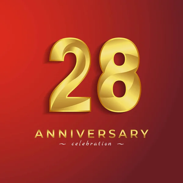 赤い背景に隔離されたお祝いイベント 結婚式 グリーティングカード 招待カードのための金色の光沢のある色を持つ28周年記念式典 — ストックベクタ