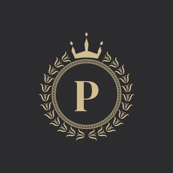 首字母P带皇冠和劳蕾尔花环的皇家纹章 简单的经典标志 轮组成 图形风格 标志设计矢量图解的艺术元素 — 图库矢量图片