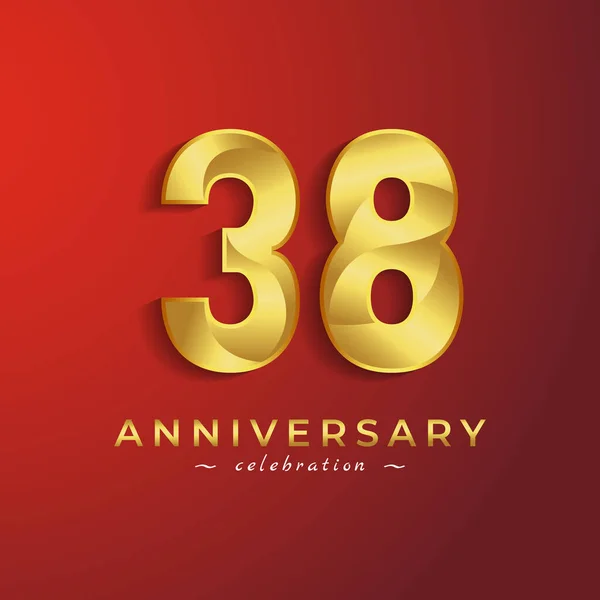 赤い背景に隔離されたお祝いイベント 結婚式 グリーティングカード 招待カードのための黄金の光沢のある色を持つ38周年記念式典 — ストックベクタ
