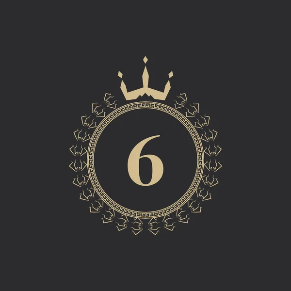 头戴皇冠和劳蕾尔花环的六号纹章皇家框架 简单的经典标志 轮组成 图形风格 标志设计矢量图解的艺术元素 — 图库矢量图片