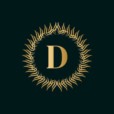 D Harfi Dokuma Çemberi Monogram Zarif Şablonu. Luxury Crest, Royalty, Business Card, Butik, Hotel, Heraldic için Basit Logo Tasarımı. Kaligrafik Vintage Sınırı. Vektör İllüstrasyonu