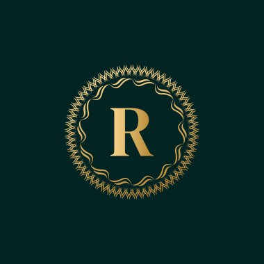 Harf R Dokuma Çemberi Monogram Zarif Şablonu. Luxury Crest, Royalty, Business Card, Butik, Hotel, Heraldic için Basit Logo Tasarımı. Kaligrafik Vintage Sınırı. Vektör İllüstrasyonu