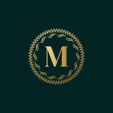 Amblem Harfi M Dokuma Çemberi Monogram Zarif Şablonu. Luxury Crest, Royalty, Business Card, Butik, Hotel, Heraldic için Basit Logo Tasarımı. Kaligrafik Vintage Sınırı. Vektör İllüstrasyonu