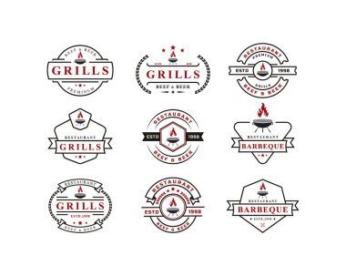 Vintage Retro Rozet Izgara Restoran Tasarımı Logotype Alev Alevi Logosu Logo Vektör Tasarımı